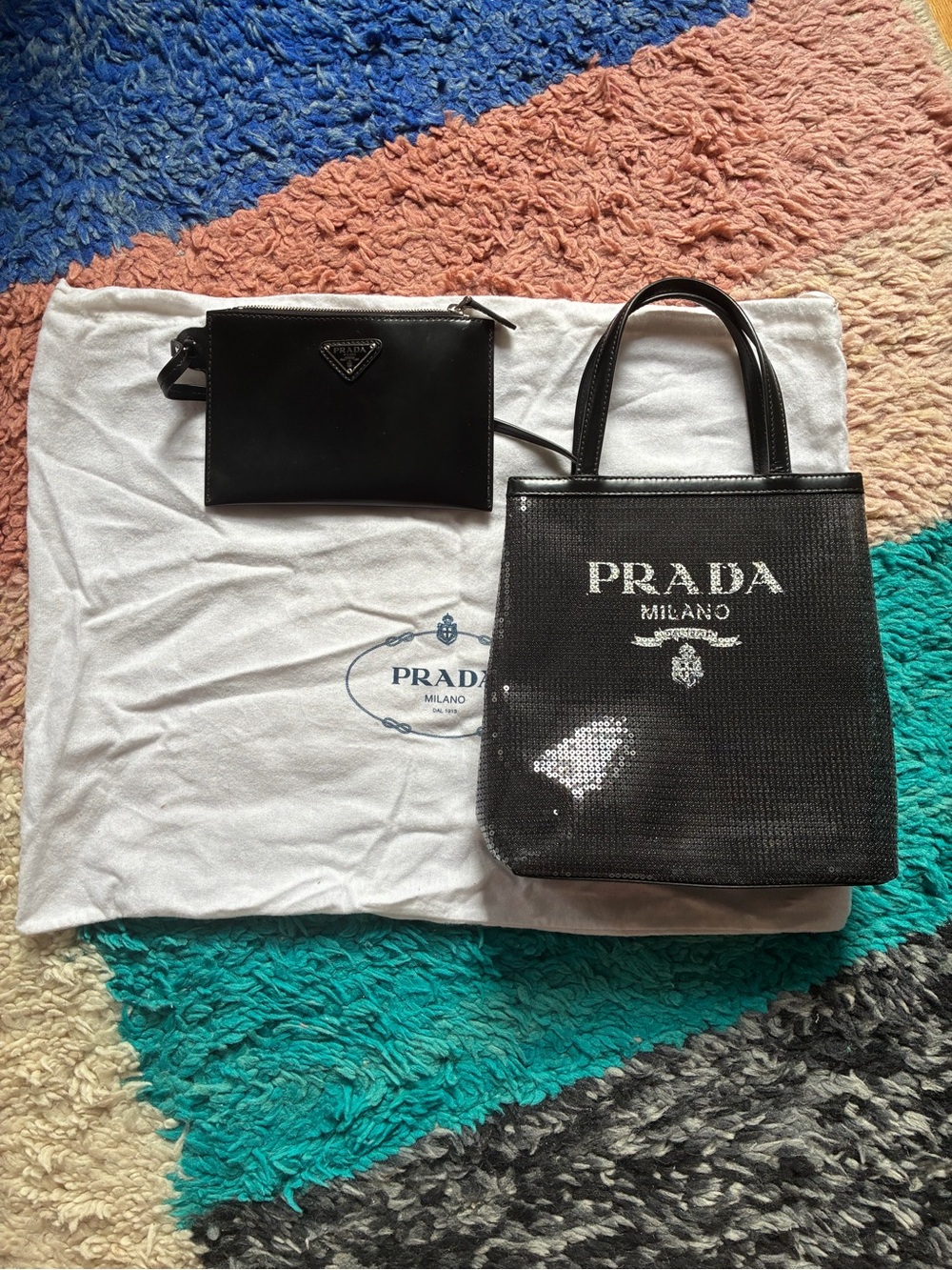Prada Black Sequin Mini Shopper Tote with Black Pouch